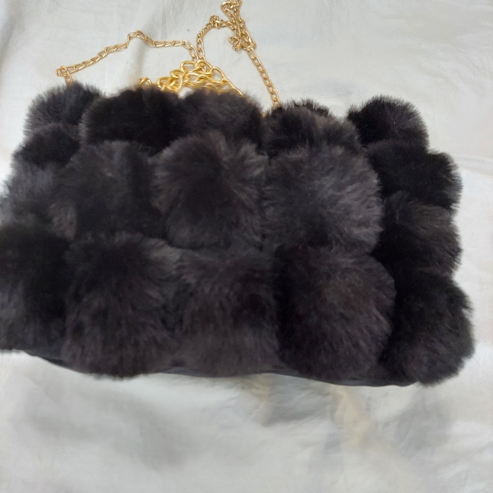 Black Faux Fur Pompom Clutch, Shoulder or Hand Bag with gold Chain.